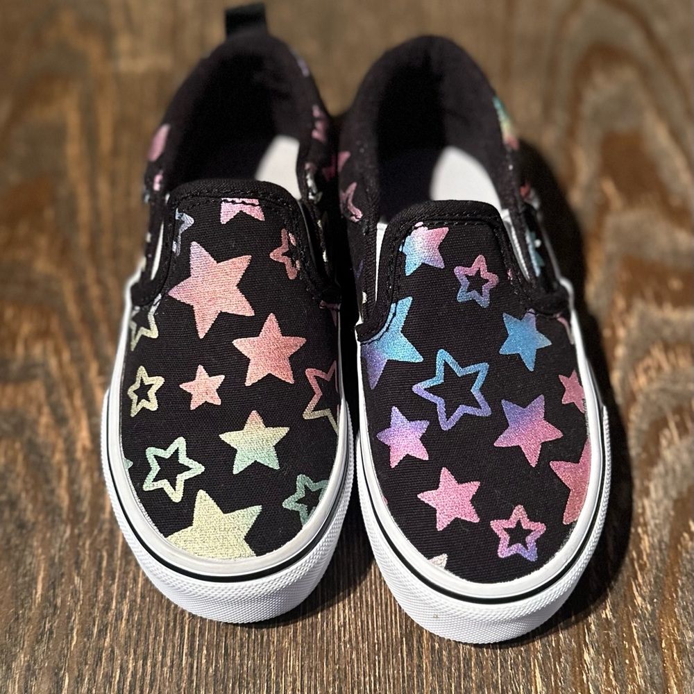 VANS Girl's Asher Foil Stars Black/Multi Canvas Slip On Skate Shoes size 11